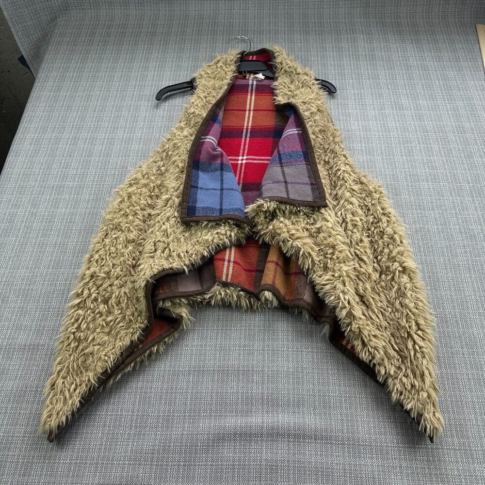 Faux Fur Vest Womens Large Reversible Red Plaid Boho Rustic Comfort Pockets